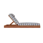 Side profile of the Corsica sunbed by Mediterrazza, emphasizing the adjustable reclining backrest and the elegant wooden silhouette.