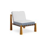 Deià Armchair by Mediterrazza, Outdoor Armchair in Iroko Wood, Fabric, Cord. Lifestyle front view set in a bespoke Mediterranean outdoor living space.