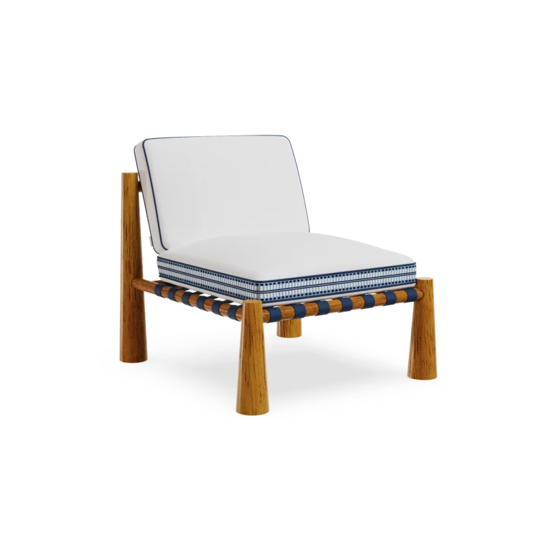 Deià Armchair by Mediterrazza, Outdoor Armchair in Iroko Wood, Fabric, Cord. Lifestyle front view set in a bespoke Mediterranean outdoor living space.