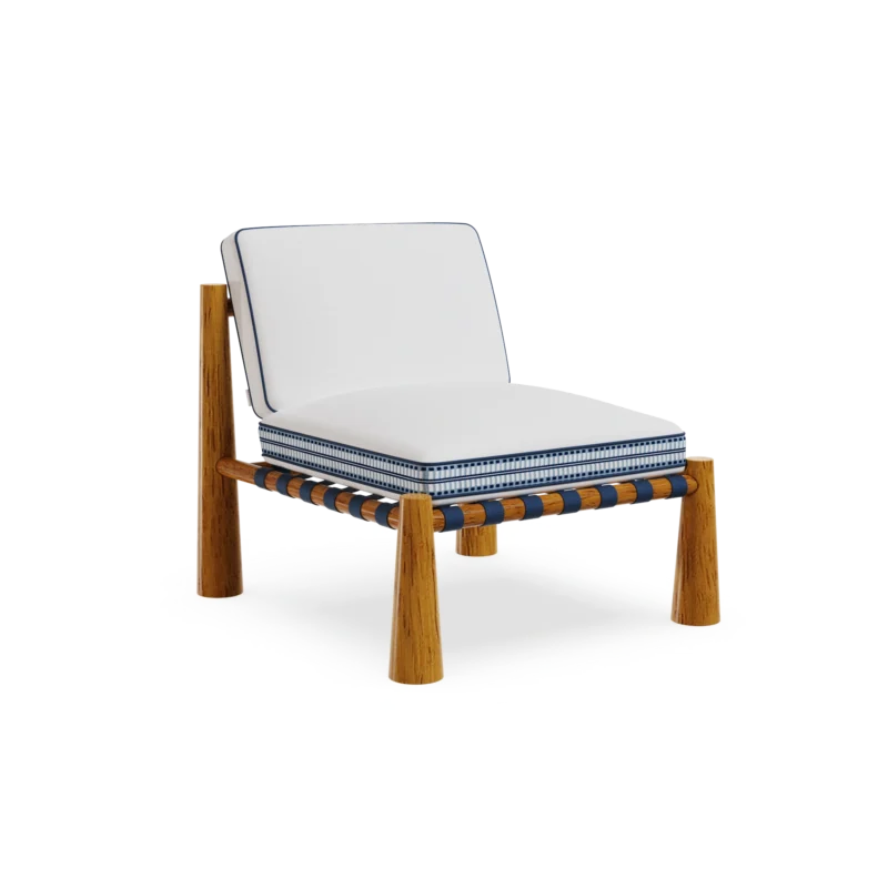 Deià Armchair by Mediterrazza, Outdoor Armchair in Iroko Wood, Fabric, Cord. Lifestyle front view set in a bespoke Mediterranean outdoor living space.
