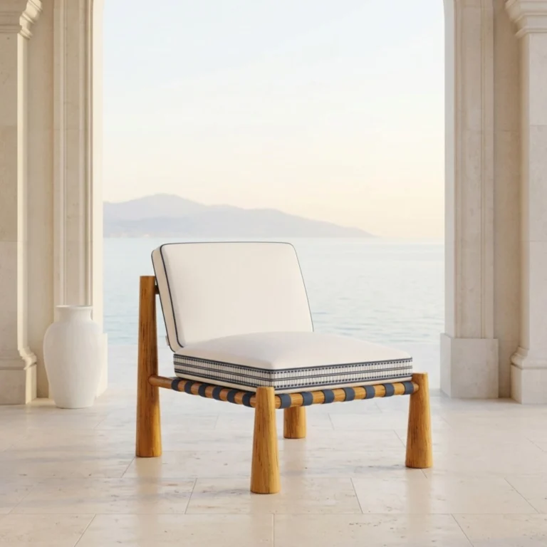 Deia outdoor armchair by Mediterrazza with a chunky wooden frame and white cushions with blue trim.