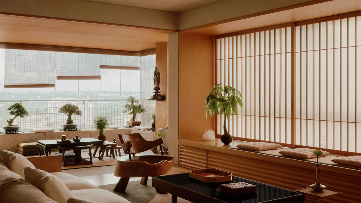 Japanese-inspired apartment interior with bonsai plants, wooden furniture, shoji-style screens, and natural light.