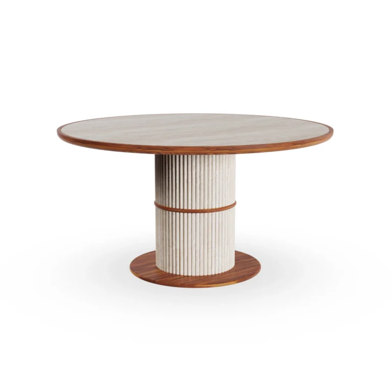 Escalet round dining table by Mediterrazza, featuring a sculptural ribbed travertine base and a smooth, matching travertine stone top.
