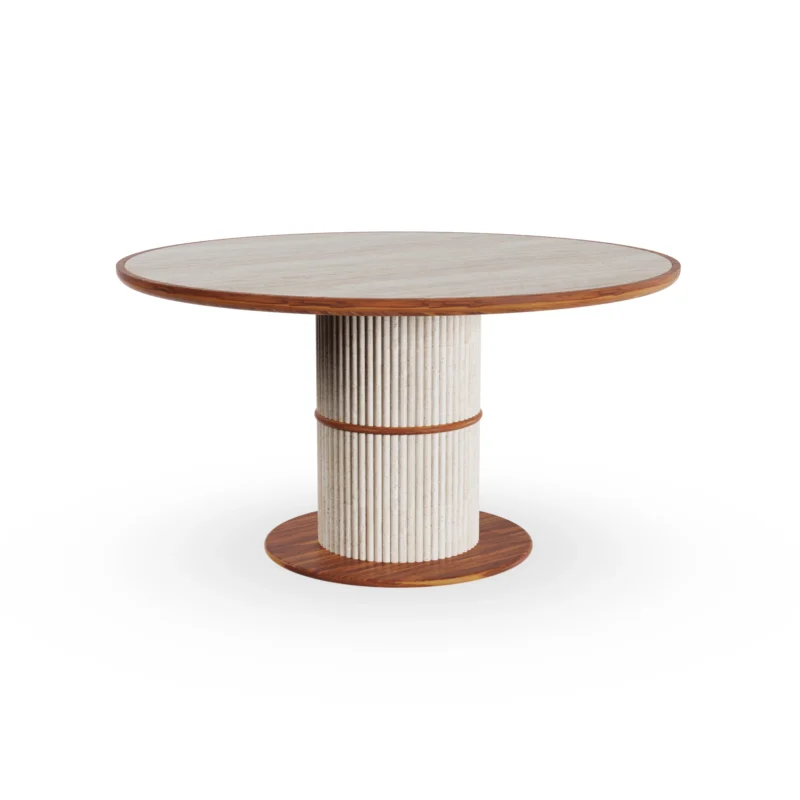 Escalet round dining table by Mediterrazza, featuring a sculptural ribbed travertine base and a smooth, matching travertine stone top.