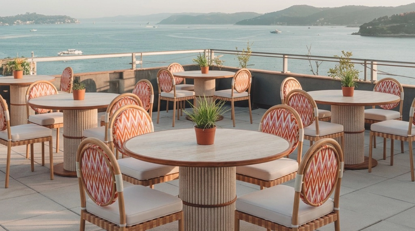 Round stone dining table with a fluted pedestal base and dining chairs on a modern terrace at sunset, with a city skyline view.