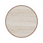 Top-down view of the Escalet dining table, revealing the unique organic patterns and the soft, neutral hues of the circular travertine surface.