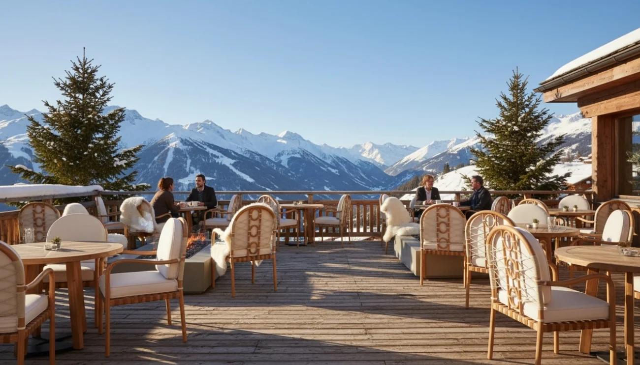 Elegant outdoor dining terrace in the Alps with round wooden tables, cushioned armchairs, and a central firepit, overlooking snow-covered mountain peaks.