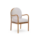 Ferrat Dining Chair by Mediterrazza, Outdoor Dining Chair in Iroko Wood, Fabric, Cord. Lifestyle front view set in a bespoke Mediterranean outdoor living space.