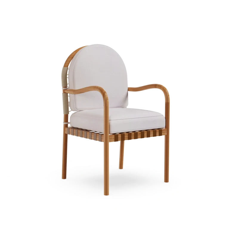 Ferrat Dining Chair by Mediterrazza, Outdoor Dining Chair in Iroko Wood, Fabric, Cord. Lifestyle front view set in a bespoke Mediterranean outdoor living space.