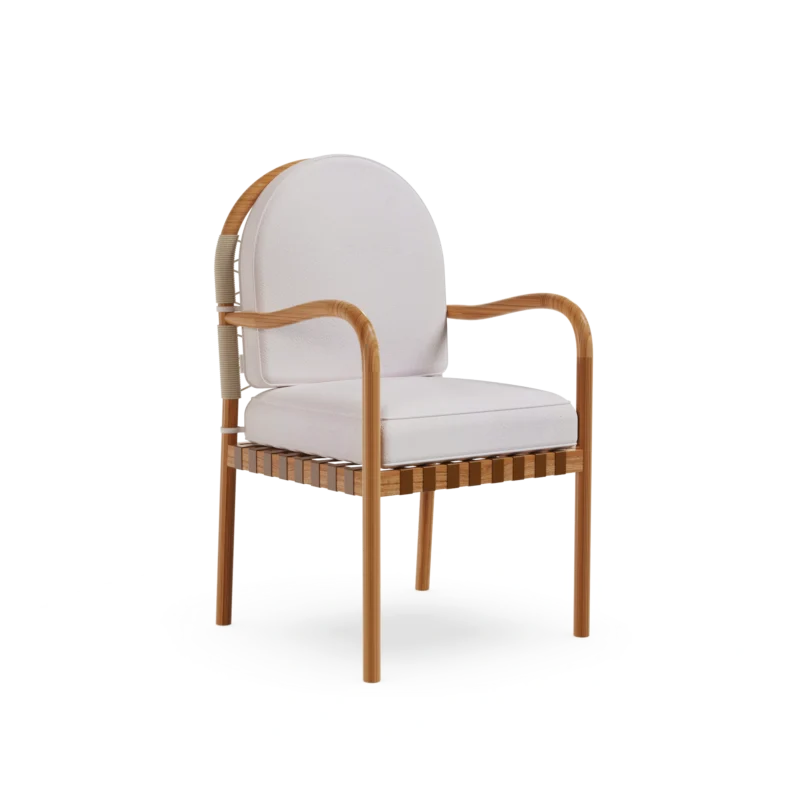 Ferrat Dining Chair by Mediterrazza, Outdoor Dining Chair in Iroko Wood, Fabric, Cord. Lifestyle front view set in a bespoke Mediterranean outdoor living space.