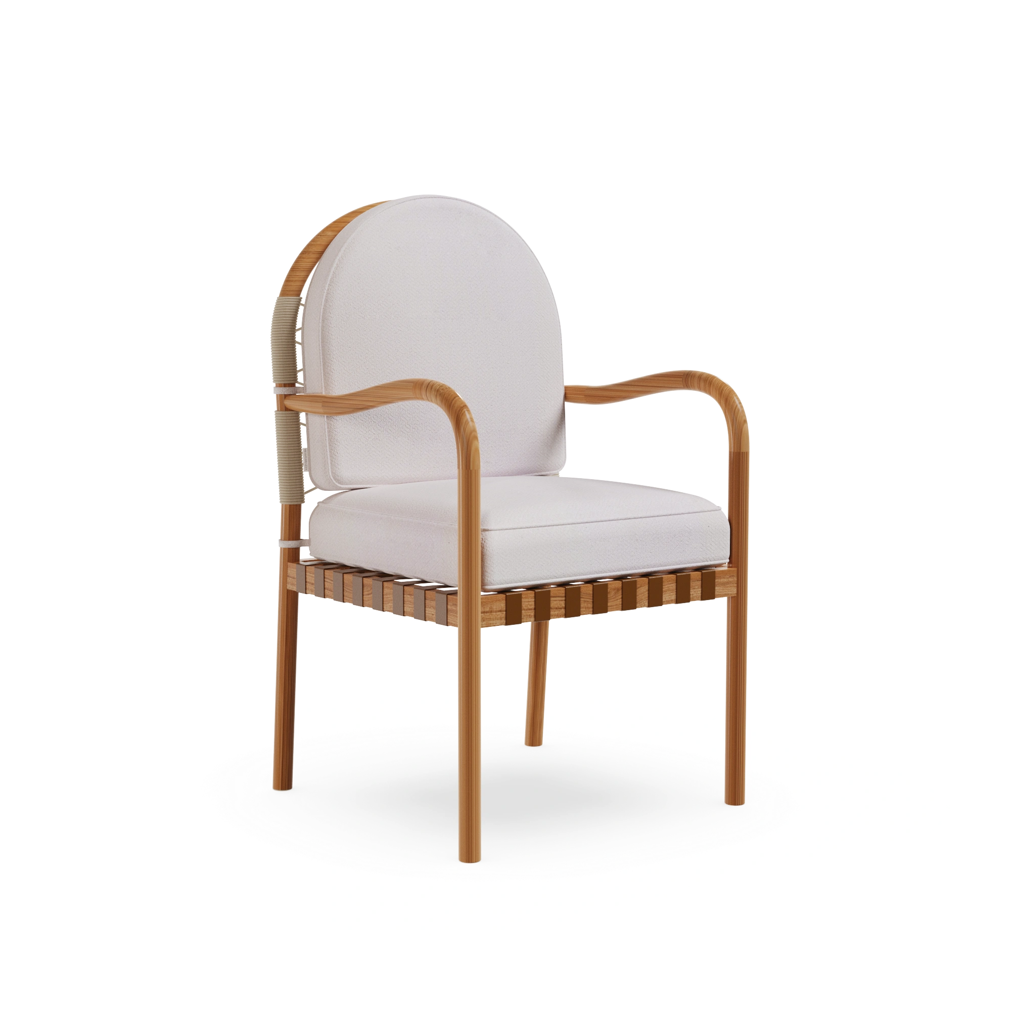 ferrat-dining-chair-front-view-2-mediterrazza Ferrat Dining Chair by Mediterrazza, Outdoor Dining Chair in Iroko Wood, Fabric, Cord. Lifestyle front view set in a bespoke Mediterranean outdoor living space.