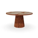 Fuengirola round dining table by Mediterrazza, featuring a sculptural iroko wood conical base and a premium Aegean Rose marble top.