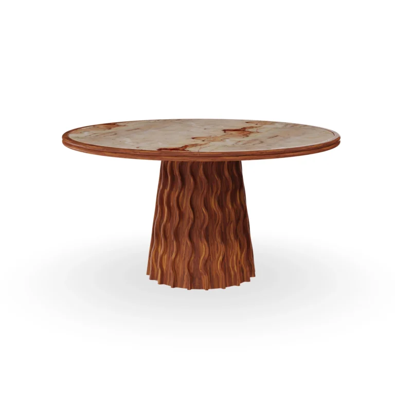 Fuengirola round dining table by Mediterrazza, featuring a sculptural iroko wood conical base and a premium Aegean Rose marble top.