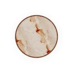 Top-down perspective of the Fuengirola table, revealing the rich textures and elegant circular pattern of the Aegean Rose marble inlay.