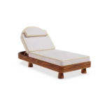 Front view of the Jondal sunbed by Mediterrazza in iroko wood, showcasing its ribbed base and cushions with refined piping detail.