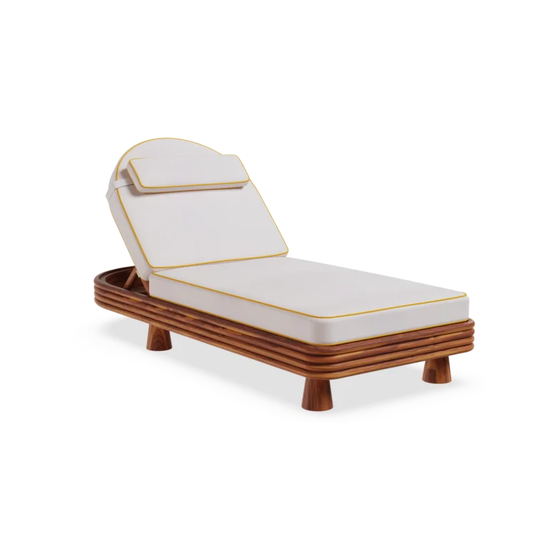Front view of the Jondal sunbed by Mediterrazza in iroko wood, showcasing its ribbed base and cushions with refined piping detail.