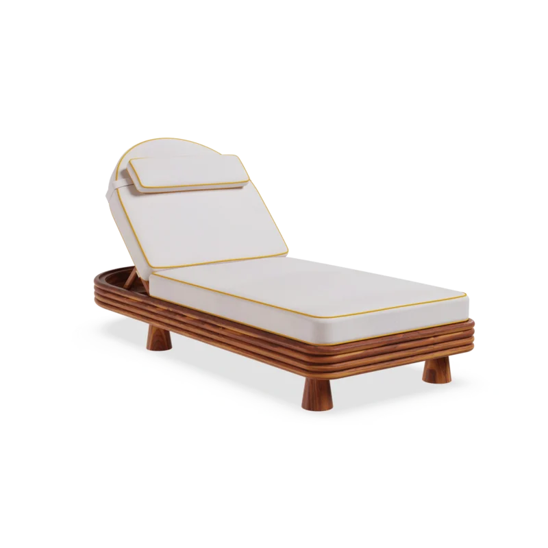 Front view of the Jondal sunbed by Mediterrazza in iroko wood, showcasing its ribbed base and cushions with refined piping detail.
