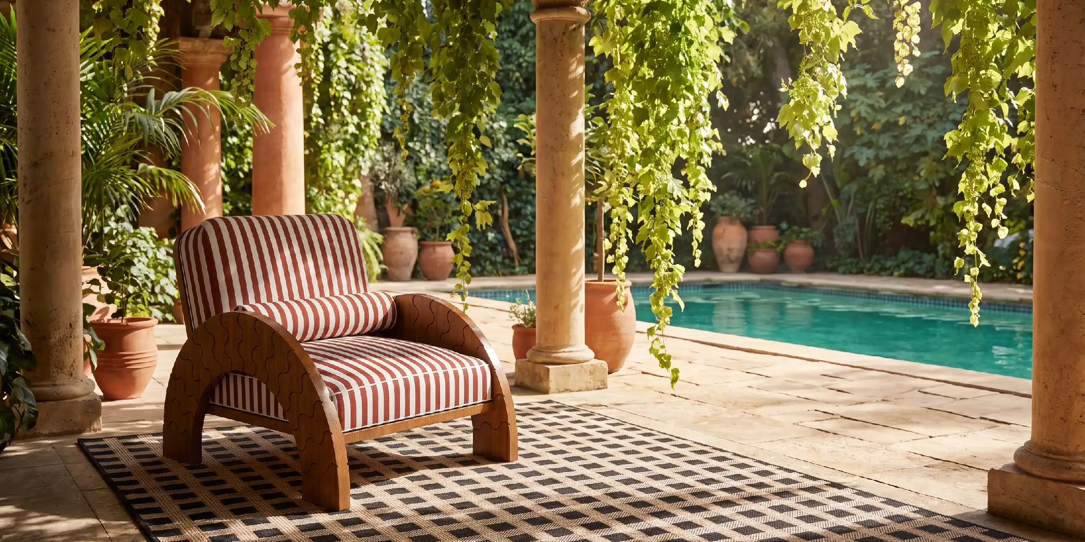 Luna armchair by Mediterrazza styled by a pool, with a striped cushion.
