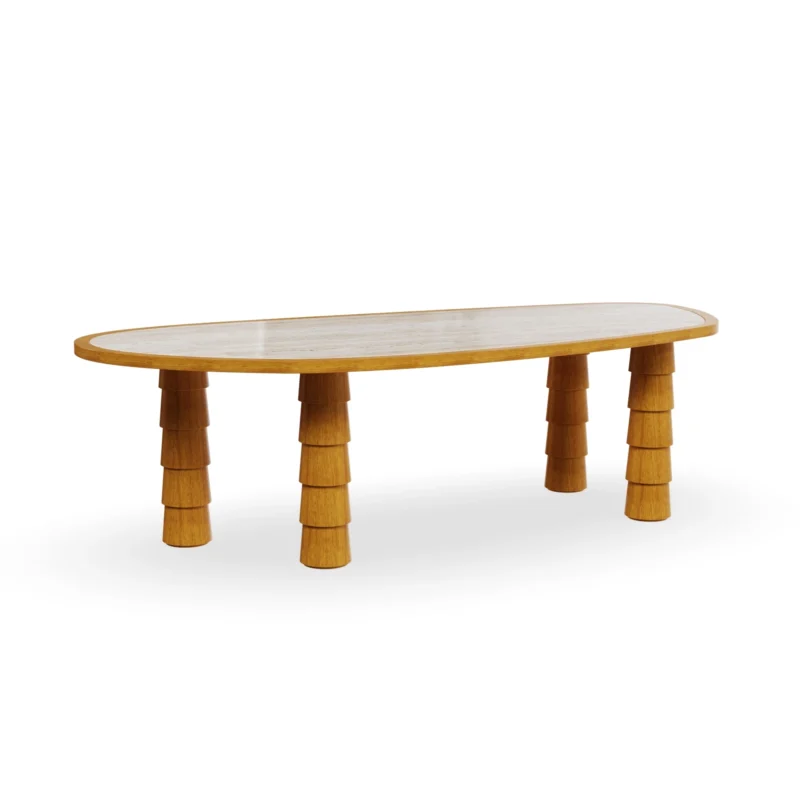 Macarella dining table by Mediterrazza in solid iroko wood, featuring sculptural carved legs and an inlaid travertine stone top.