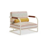 Manarola Armchair by Mediterrazza, Outdoor Armchair in Iroko Wood, Fabric, Cord. Lifestyle front view set in a bespoke Mediterranean outdoor living space.