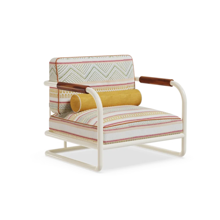 Manarola Armchair by Mediterrazza, Outdoor Armchair in Iroko Wood, Fabric, Cord. Lifestyle front view set in a bespoke Mediterranean outdoor living space.