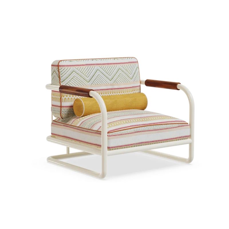 Manarola Armchair by Mediterrazza, Outdoor Armchair in Iroko Wood, Fabric, Cord. Lifestyle front view set in a bespoke Mediterranean outdoor living space.