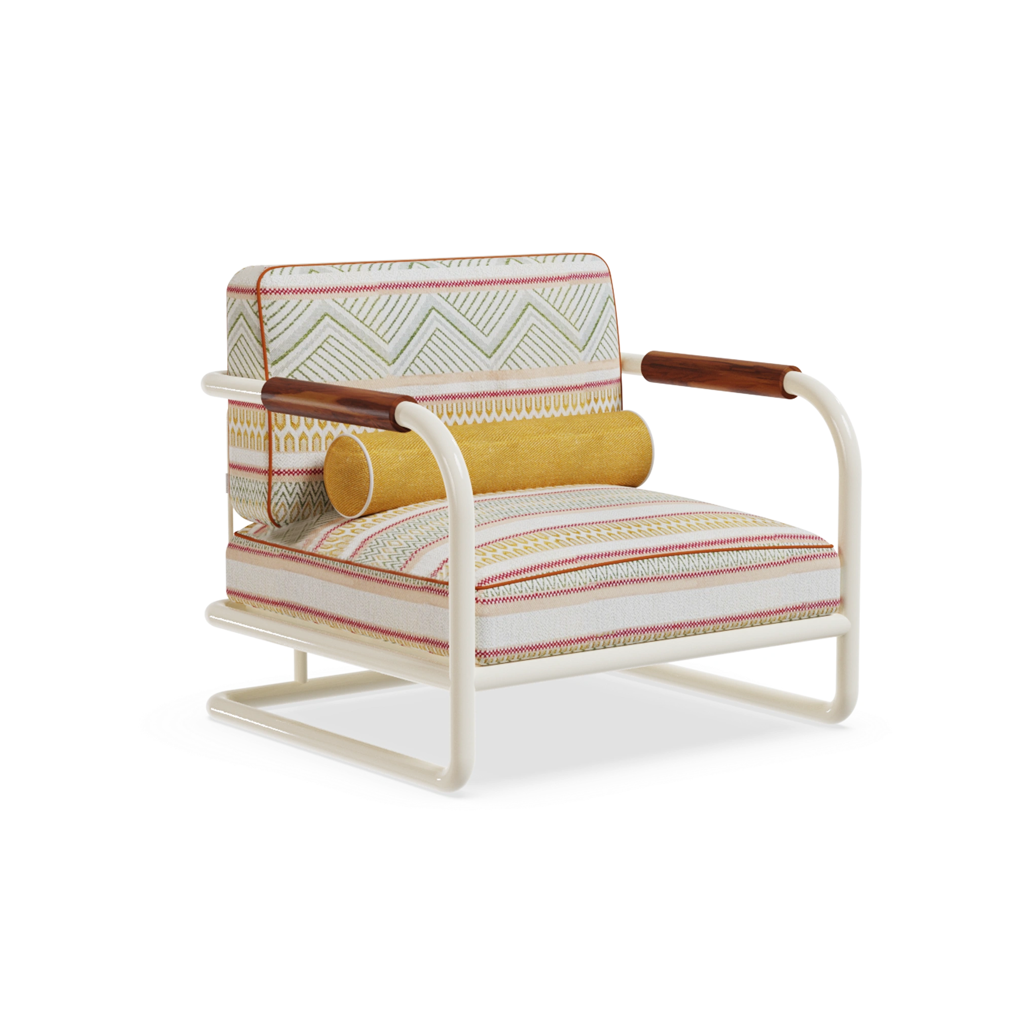 manarola-armchair-front-view-2-mediterrazza Manarola Armchair by Mediterrazza, Outdoor Armchair in Iroko Wood, Fabric, Cord. Lifestyle front view set in a bespoke Mediterranean outdoor living space.