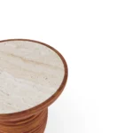 Mijas table by Mediterrazza, outdoor side table with a ribbed iroko wood structure and handcrafted travertine stone surface.