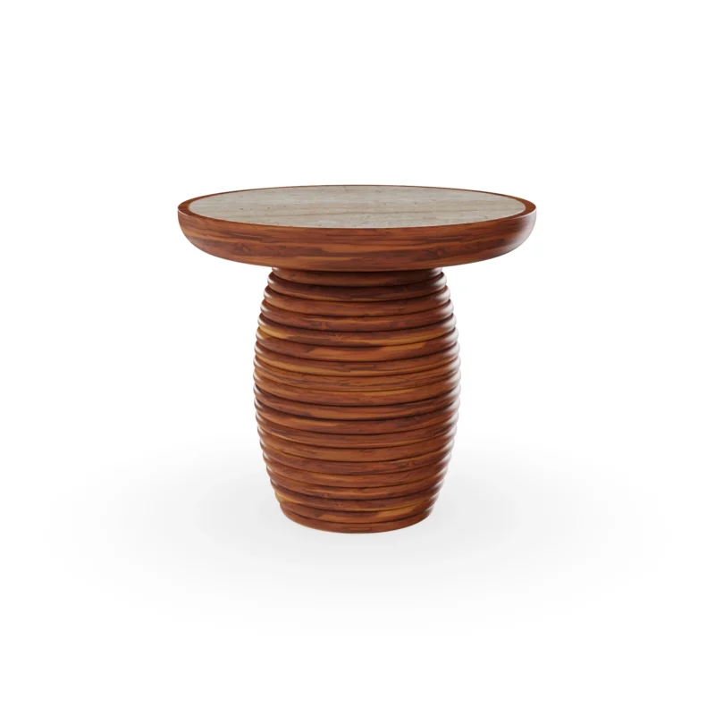 Mijas side table by Mediterrazza in iroko wood and travertine, featuring a ribbed sculptural base and natural stone inlaid top.