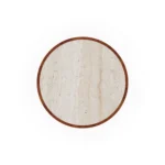 Mijas outdoor table by Mediterrazza, handcrafted with a sculptural ribbed wood base and a timeless inlaid travertine top.