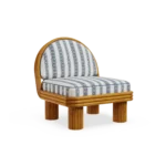 Milos Armchair by Mediterrazza, Outdoor Armchair in Iroko Wood, Fabric, Cord. Lifestyle front view set in a bespoke Mediterranean outdoor living space.