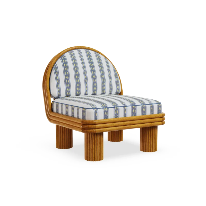 Milos Armchair by Mediterrazza, Outdoor Armchair in Iroko Wood, Fabric, Cord. Lifestyle front view set in a bespoke Mediterranean outdoor living space.