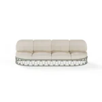 Monterosso Sofa – luxury Outdoor Sofa in Iroko Wood, Fabric, Cord by Mediterrazza. Front view showcasing sculptural silhouette and handcrafted Mediterranean design.