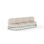 Monterosso Sofa by Mediterrazza, Outdoor Sofa in Iroko Wood, Fabric, Cord. Lifestyle front view set in a bespoke Mediterranean outdoor living space.