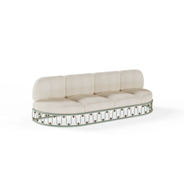 Monterosso Sofa by Mediterrazza, Outdoor Sofa in Iroko Wood, Fabric, Cord. Lifestyle front view set in a bespoke Mediterranean outdoor living space.