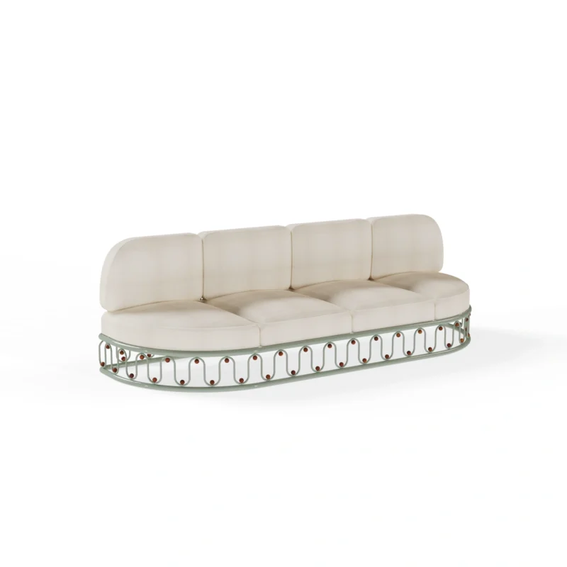 Monterosso Sofa by Mediterrazza, Outdoor Sofa in Iroko Wood, Fabric, Cord. Lifestyle front view set in a bespoke Mediterranean outdoor living space.