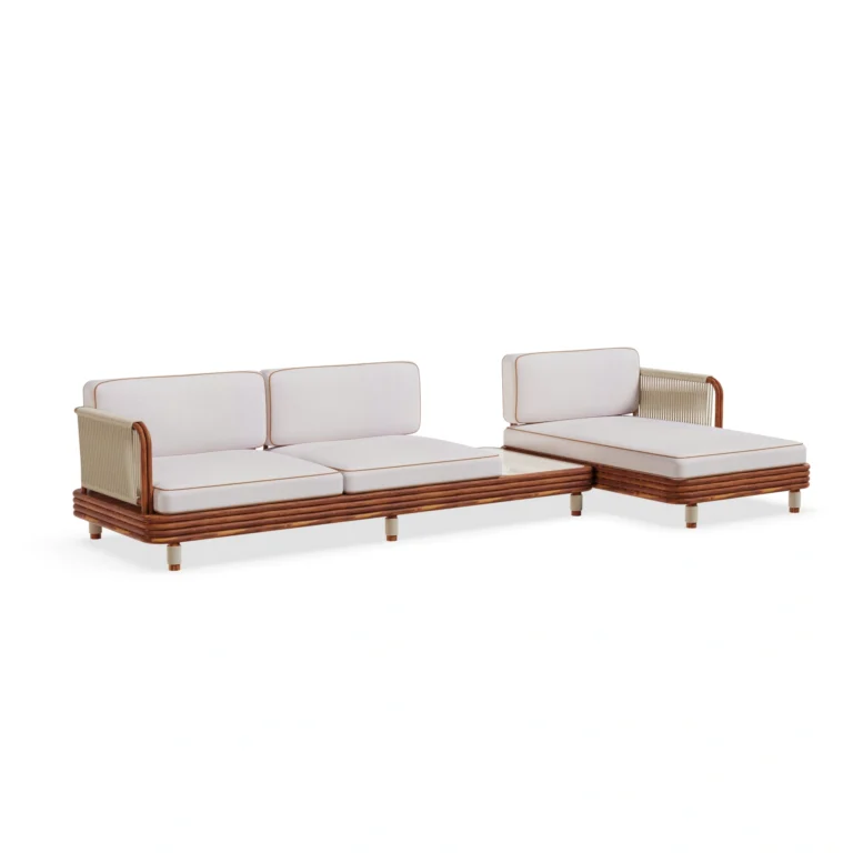 Moraira Sofa by Mediterrazza, Outdoor Sofa in Lacquered Metal, Fabric. Lifestyle front view set in a bespoke Mediterranean outdoor living space.