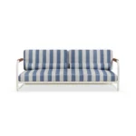 Mougins Sofa – luxury Outdoor Sofa in Iroko Wood, Fabric by Mediterrazza. Front view showcasing sculptural silhouette and handcrafted Mediterranean design.