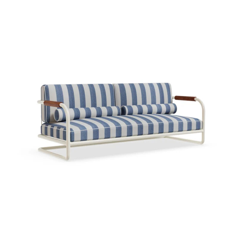 Mougins Sofa by Mediterrazza, Outdoor Sofa in Iroko Wood, Fabric. Lifestyle front view set in a bespoke Mediterranean outdoor living space.