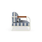 Mougins Sofa – Outdoor Sofa in Iroko Wood, Fabric by Mediterrazza. Side profile highlighting elegant proportions and artisanal craftsmanship.