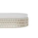 Close-up of the Navagio sunbed by Mediterrazza, focusing on the textured synthetic cord and the contrast of the blue piping.