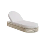 Front view of the Navagio sunbed by Mediterrazza in lacquered metal, featuring white-cream cushions and elegant blue piping.