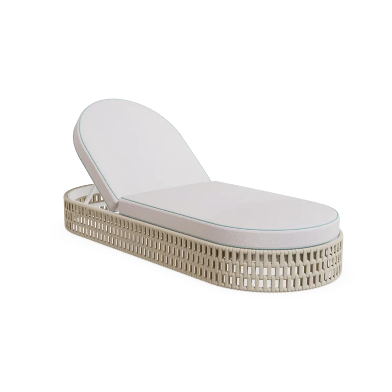 Front view of the Navagio sunbed by Mediterrazza in lacquered metal, featuring white-cream cushions and elegant blue piping.