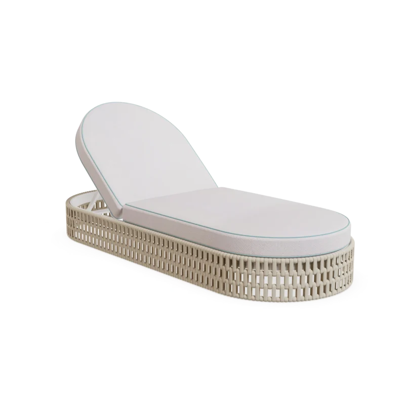Front view of the Navagio sunbed by Mediterrazza in lacquered metal, featuring white-cream cushions and elegant blue piping.