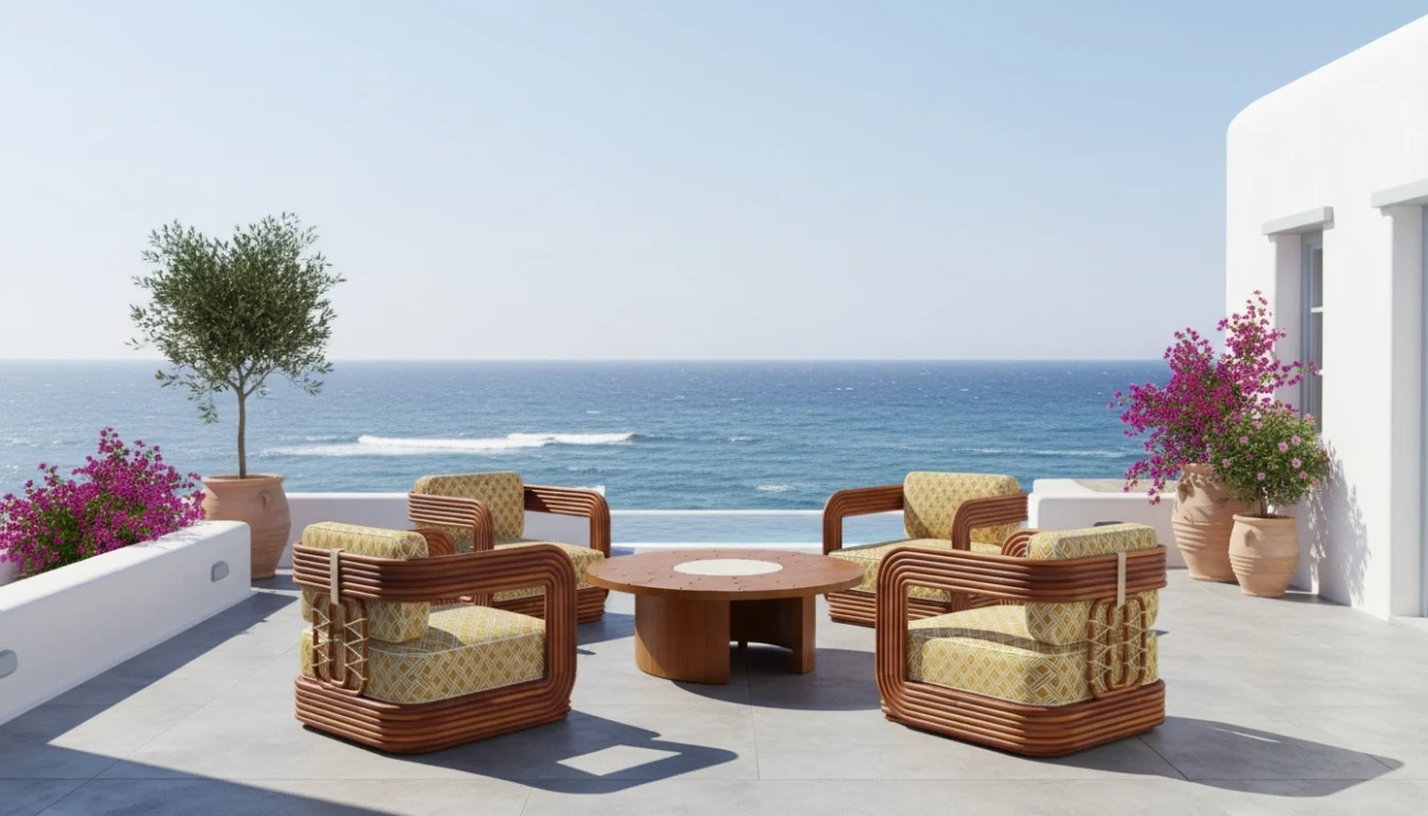 Contemporary outdoor lounge with four sculptural rattan armchairs with patterned cushions around a low circular wooden coffee table, overlooking the ocean from a whitewashed terrace with potted bougainvillea.