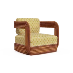 Oia Armchair by Mediterrazza, Outdoor Armchair in Iroko Wood, Fabric, Cord. Lifestyle front view set in a bespoke Mediterranean outdoor living space.