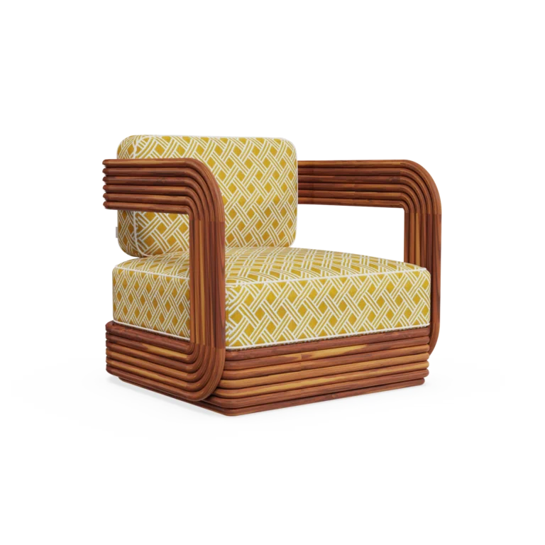 Oia Armchair by Mediterrazza, Outdoor Armchair in Iroko Wood, Fabric, Cord. Lifestyle front view set in a bespoke Mediterranean outdoor living space.
