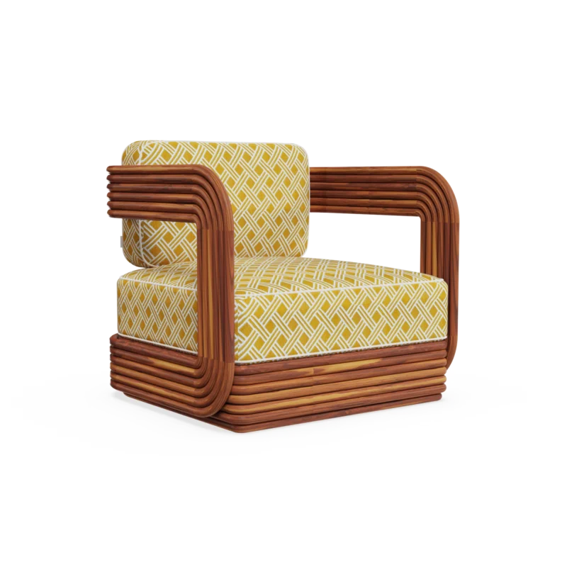 Oia Armchair by Mediterrazza, Outdoor Armchair in Iroko Wood, Fabric, Cord. Lifestyle front view set in a bespoke Mediterranean outdoor living space.