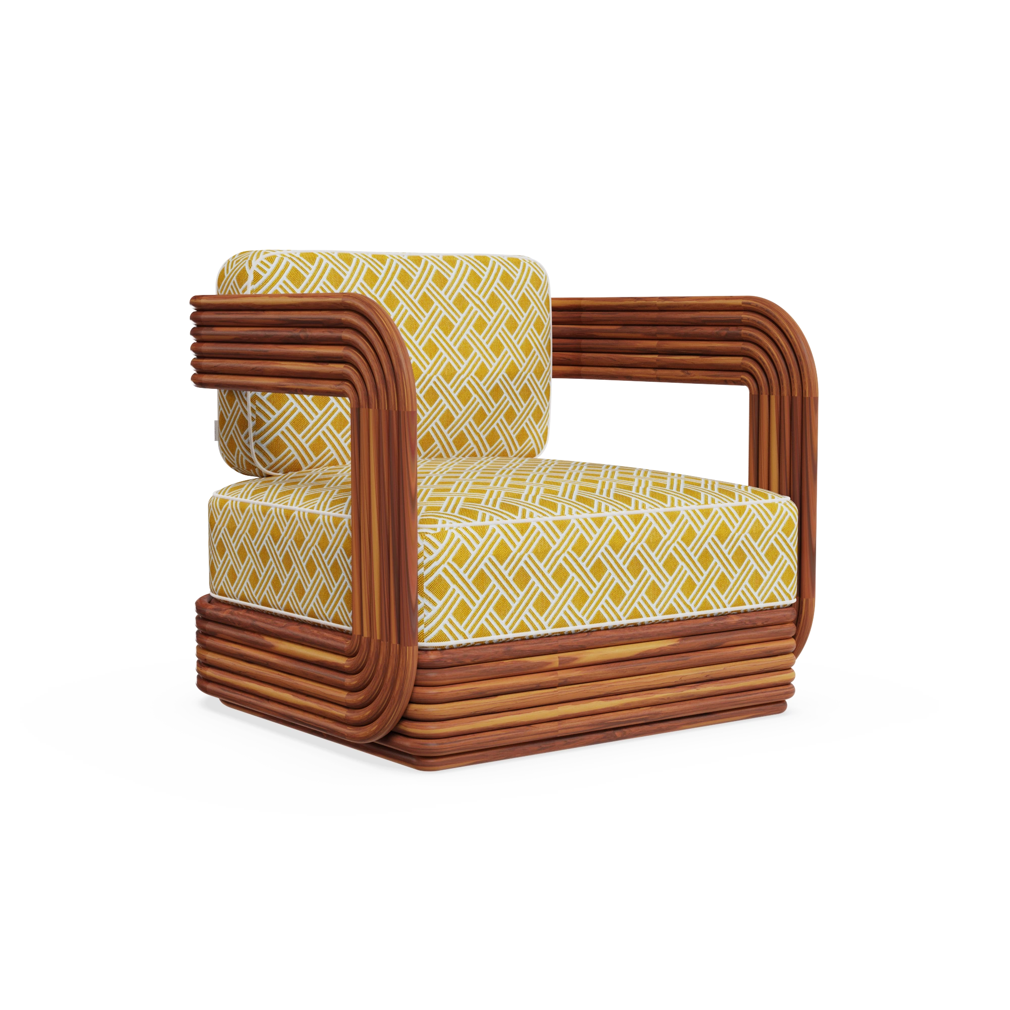 oia-armchair-front-view-2-mediterrazza Oia Armchair by Mediterrazza, Outdoor Armchair in Iroko Wood, Fabric, Cord. Lifestyle front view set in a bespoke Mediterranean outdoor living space.