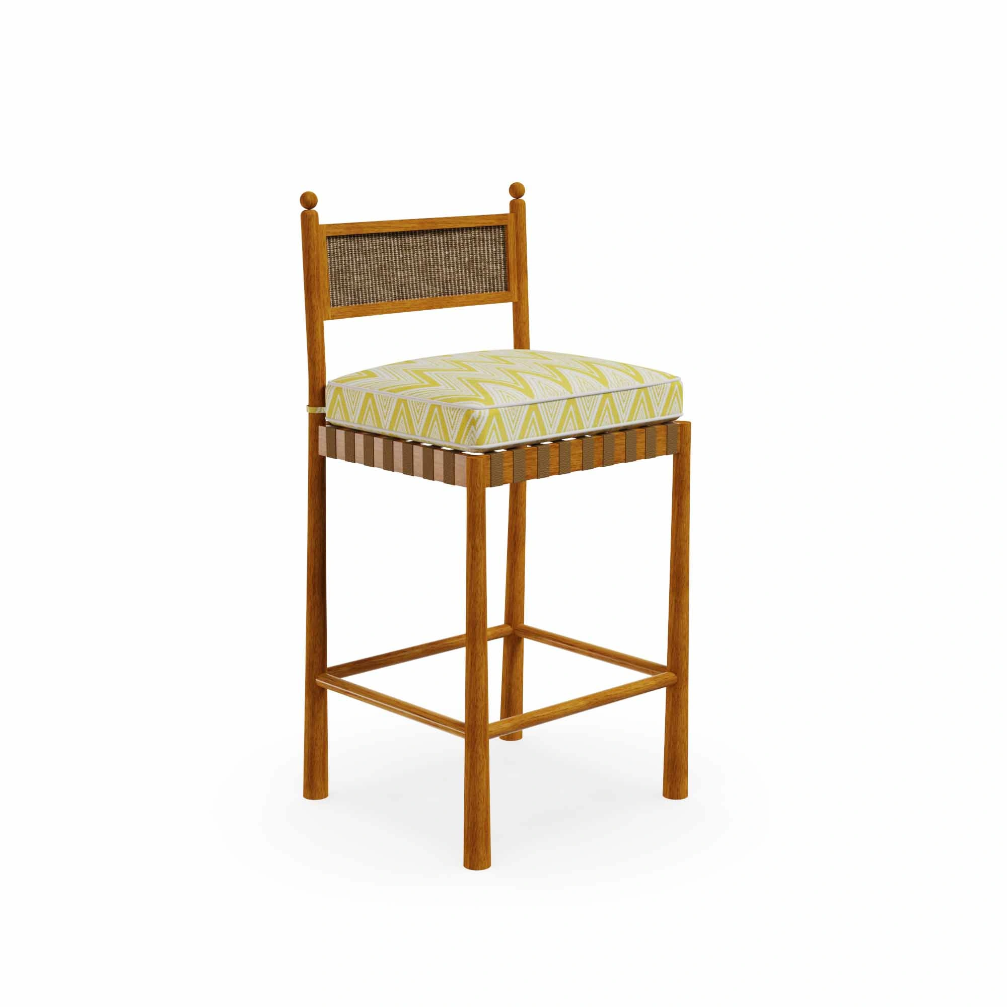 olbia-bar-chair-front-view-2-mediterrazza Olbia Bar Chair by Mediterrazza, Outdoor Bar Chair in Iroko Wood, Fabric, Cord. Lifestyle front view set in a bespoke Mediterranean outdoor living space.